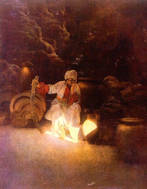 DesertRose,;,Ali Baba and the Forty Thieves’, by Maxfield Parrish, 1909,;, Maxfield Parrish Illustrations, History Of Literature, Maxfield Parrish, Ali Baba, One Thousand, Arabian Nights, Folk Tales, American Artists, Aladdin