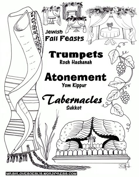 Jewish Fall Feasts and FREE PRINTABLE coloring page, plus Feast of Tabernacles Bible study. Feast Of Trumpets, Yom Teruah, Jewish Feasts, Biblical Feasts, Fall Feast, Feasts Of The Lord, Unleavened Bread, Feast Of Tabernacles, Grape Harvest