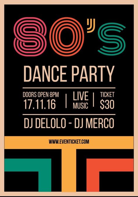 Retro 80's Dancing Party Invitation Retro Invitation Card Design, Retro Dance Party, Dance Party Invitations Template, 80s Invitation Template Free, 80s Party Invite, 80s Invitation Ideas, 80s Party Poster, Retro Invitation Design, 80s Party Invitations