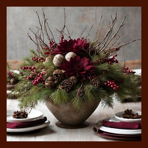 Burgundy Forest Merlot Christmas Centerpiece Flower Delivery to Storrs – Found Florist Farm, LLC Burgundy Fall Centerpieces, Evergreen Table Decor, Burgundy And Blue Christmas Decor, Christmas Display Table, Rustic Wedding Burgundy, Winter Flower Decor, Christmas Floral Basket, Brown And Burgundy Christmas Tree, Burgundy And Pink Christmas Decor