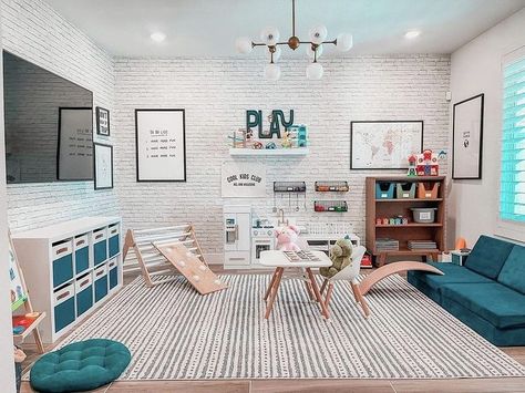 What are your playroom must-haves? Drop 'em below to help other moms who are currently planning their play space. 📸: @christiemharo Small Kids Playroom, Playroom Layout, Playroom/guest Room, Boy Playroom, Playroom/living Room, Loft Playroom, Small Playroom, Modern Playroom, Living Room Playroom