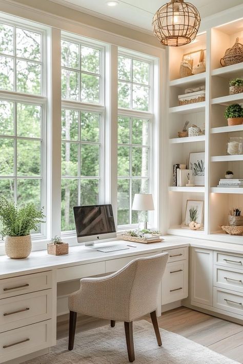 Office Cabinets Around Window, Light Bright Office Design, Solarium Office Ideas, Home Office Big Windows, Chic Desk Setup, Sunroom Home Office, Home Office Inspiration Cozy, Home Office With Fireplace, Office Inspo Decor