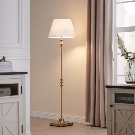 A delightful combination of traditional design and modern styling. This floor lamp crafted from metal, showcases a classic lampshade with a square base in a traditional finish with two options of antique gold & black. Adesso Floor Lamp, Standing Lamp Vintage, Cottage Core Floor Lamp, Floor Lamp Living Room Ideas, Tall Lamps For Living Room, Antique Brass Floor Lamp, Crystal Floor Lamp, Traditional Floor Lamps, Gold Floor Lamp