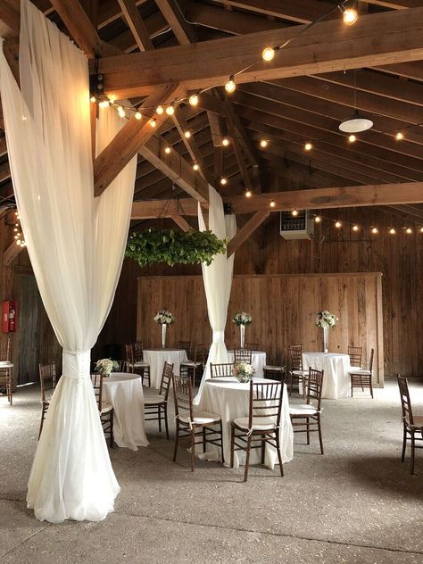 Beam Decoration Ideas Wedding, Pavillion Wedding Draping, Pole Decorations Ideas Wedding, Barn Draping Wedding, Diy Barn Wedding Ideas, Drapes For Wedding Reception, Pole Barn Wedding, Barn Reception Decorations, Pavilion Wedding Decorations