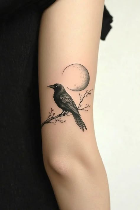 Crow Woman Tattoo, Tiny Raven Tattoo Simple, 3 Ravens Tattoo, Raven Behind Ear Tattoo, Women Raven Tattoo, Crow Tattoo Design For Women, Raven Wrist Tattoos For Women, Delicate Crow Tattoo, Raven With Moon Tattoo