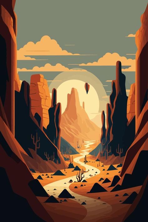 Illustrator Landscape Vector, Arizona Landscape Paintings, Landscape Vector Art, Arizona Graphic Design, Monument Valley Art, Grand Canyon Illustration, Desert Landscape Illustration, Desert Digital Art, Desert Illustration Art