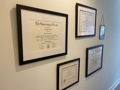 Keeping but do not have to hang (thinking they would look fine in downstairs office though) Office Degree Display, Diploma Display Wall, Certificate Design Inspiration, Downstairs Office, Diploma Display, Medical Inspiration, Degree Display, Law Office Decor, Degree Wall