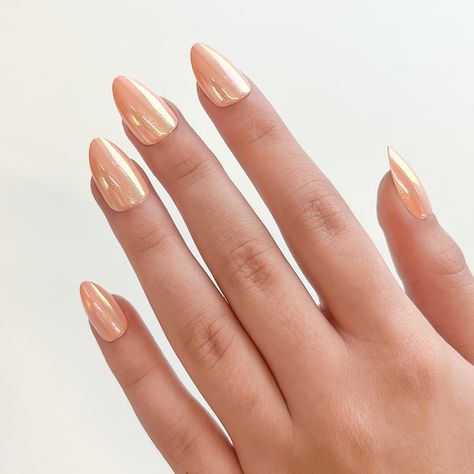 Peach Chrome Nails, Easy Nail Designs Summer, Red Aspen Nails, Aspen Nails, Almond Press On Nails, Simple Fall Nails, Retro Nails, Red Aspen, Medium Almond