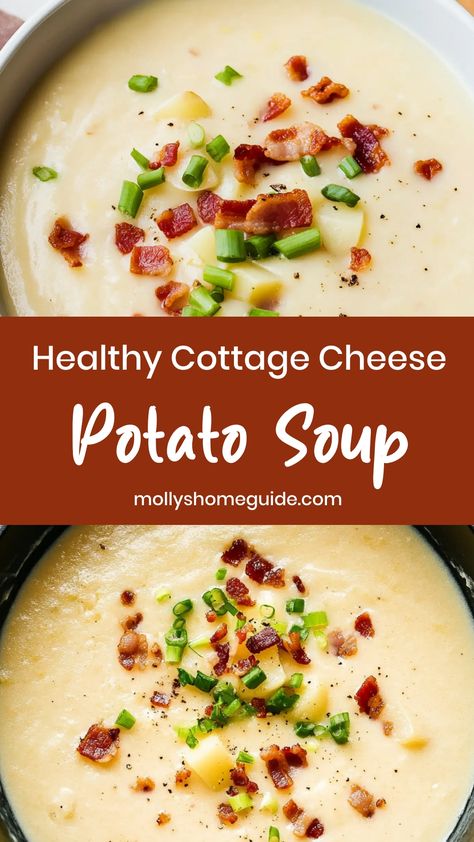 Indulge in the cozy flavors of a hearty cottage cheese potato soup with this easy recipe! Perfect for chilly days or when you need some comfort food, this creamy soup will warm you up from the inside out. Made with simple ingredients and packed with vitamins and minerals, it's a nutritious option for lunch or dinner. Serve it alongside some crusty bread or a fresh salad for a satisfying meal that everyone will love.

Ingredients
8 peeled potatoes
1/2 diced yellow onion
2 tablespoons chopped fres Crockpot Potato Soup Healthy, Warm Cottage Cheese Recipes, Cottage Cheese Soup, Easy Cottage Cheese Recipes, Heart Healthy Soup Recipes, Cottage Cheese Recipes Dinner, Potato Cottage Cheese, Simple Potato Soup, Heart Healthy Soup