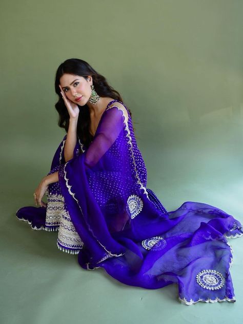 Sonam Bajwa, Purple Suit, Angrakha Style, Purple Suits, Cute Short Dresses, Desi Fashion Casual, Indian Bridal Fashion, Embroidered Border, Indian Gowns