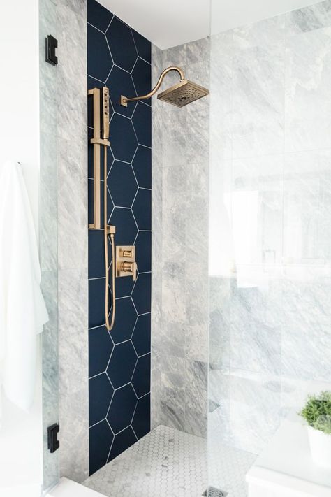 Navy Blue And Marble Bathroom, Navy And Chrome Bathroom, Marble And Navy Bathroom, Statement Shower Tile, Tall Ceiling Bathroom Ideas, Mixing Tile Patterns Bathroom, Navy Ensuite, Pool Powder Room, Black And Blue Bathroom Ideas