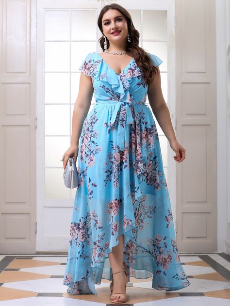 Baby Blue Elegant  Cap Sleeve Chiffon Floral A Line  Non-Stretch Spring/Summer Plus Size Dresses