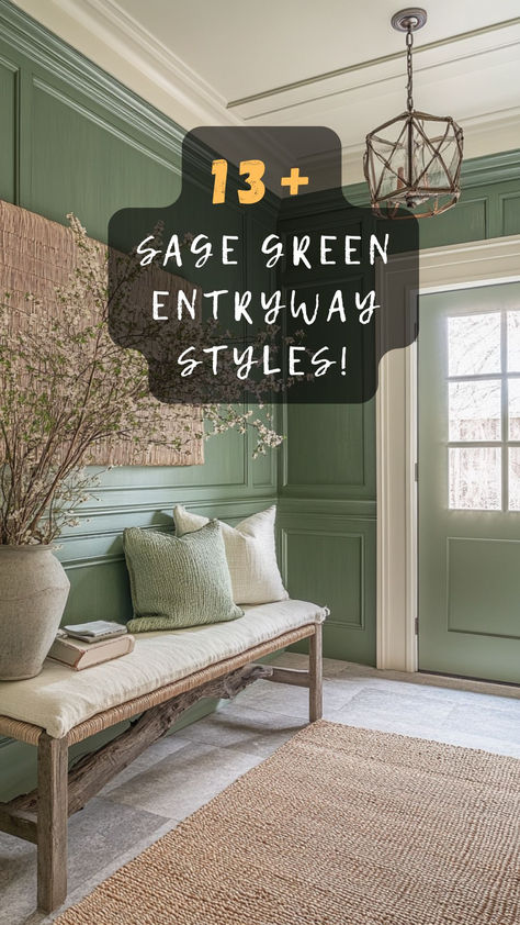 Sage Green Home Ideas, Sage Green Home Inspiration, Green Drop Zone, Front Entryway Paint Colors, Small Entryway Colors, Sage Green Hallway Ideas Entrance Halls, Dark Green Entryway Walls, Green Foyer Entryway Paint Colors, Green Foyer Entryway