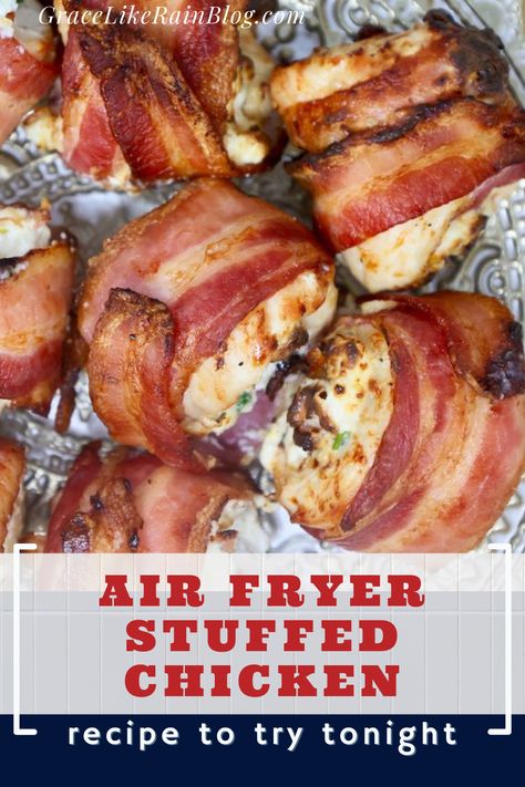 Air Fryer Bacon-wrapped Stuffed Chicken Breast is a fun way to elevate your typical chicken breasts. We're taking boneless skinless chicken breasts and rolling them up with cream cheese and bacon for a delicious healthy dinner straight out of the air fryer. | Chicken with bacon and cream cheese in the air fryer | air fryer chicken bacon bombs | Chicken dinner air fryer ideas | Air fryer chicken recipes | air fryer dinner recipes | easy air fryer recipes | airfry chicken | air fry chicken Chicken Grillers In Air Fryer, Bacon Wrapped Air Fryer Chicken, Bacon Wrapped Stuffed Chicken Air Fryer, Cream Cheese Stuffed Chicken Wrapped In Bacon Air Fryer, Chicken Wrapped In Bacon Air Fryer, Ary Fryer Dinner Recipes, Air Fried Stuffed Chicken Breast, Chicken Bacon Air Fryer Recipes, Chicken In Air Fryer Recipes Boneless