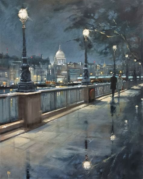 Original acrylic on canvas by Alan Harris, contemporary British artist... Another painting for the series "Late Night London". This time an urban scene around the Southbank with the impressive emblematic view of the Saint Pauls Cathedral in the distance. Beautiful area in the great city of London. A superb gift for Londoners and art lovers alike. #londonpainting #londonsouthbank #londoncity #bestpaintingoflondon #riverthames #stpaulscathedrallondon #urbanart #bestlondonartists London Southbank, London Painting, New York Painting, City Painting, Painting Inspo, 수채화 그림, Paintings Prints, New York Art, Gcse Art