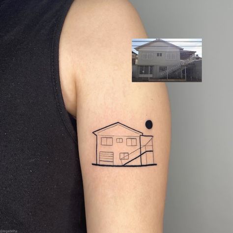 Tattoos Of Houses, House Fine Line Tattoo, Fine Line House Tattoo, Back Of Bicep Tattoo Women, Childhood Home Tattoo, House Tattoo Minimalist, House Outline Tattoo, Tiny House Tattoo, Little House Tattoo