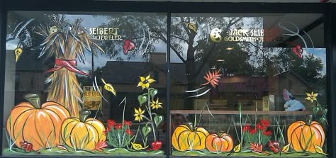 fall window painting idea for bay window Fall Store Displays, Fall Window Painting, Fall Window Decorations, Autumn Window Display, Painted Window Art, Decoration Creche, Window Paintings, Store Front Windows, Fall Windows