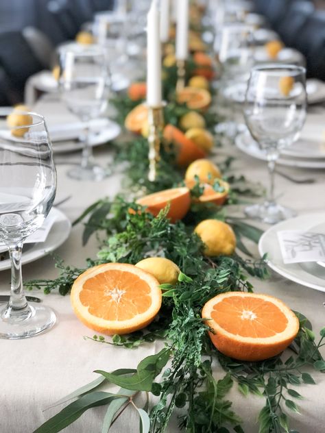 Round Cocktail Table Decor, Citrus Tablescape, Cocktail Table Decor, Thanksgiving Garland, Round Table Decor, Table Placements, Thanksgiving 2024, Round Cocktail Tables, Flower Centerpiece