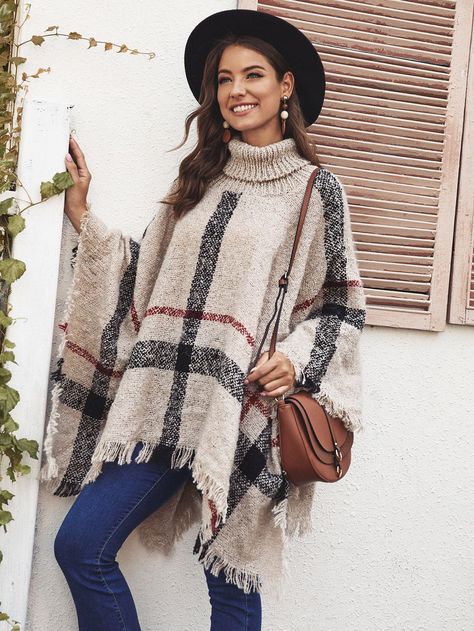 Fringe Hem Plaid Sweater Cape Turtle Neck Scarf, Cute Turtleneck, Sweater Cape, Shein Sweater, Turtleneck Poncho, Casual Turtleneck, Sweater Poncho, Plaid Poncho, Pull Oversize