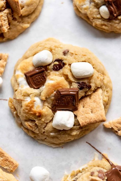 Warm, soft Chocolate Chip S’mores Cookies are a mashup of two classic desserts. Chewy chocolate chip cookies join forces with the summer vacation flavors of toasted marshmallows and graham crackers in one delicious treat! #smorescookies #cookies #smores #best #easy #'smores #homemade #recipe #dessert #marshmallows #grahamcrackers #chocolate Smores Cookies Recipes, S Mores Cookies, Smores Cookies, Chocolate Marshmallows, Chewy Chocolate Chip Cookies, Ooey Gooey, Classic Desserts, Easy Cookie Recipes, Summer Dessert