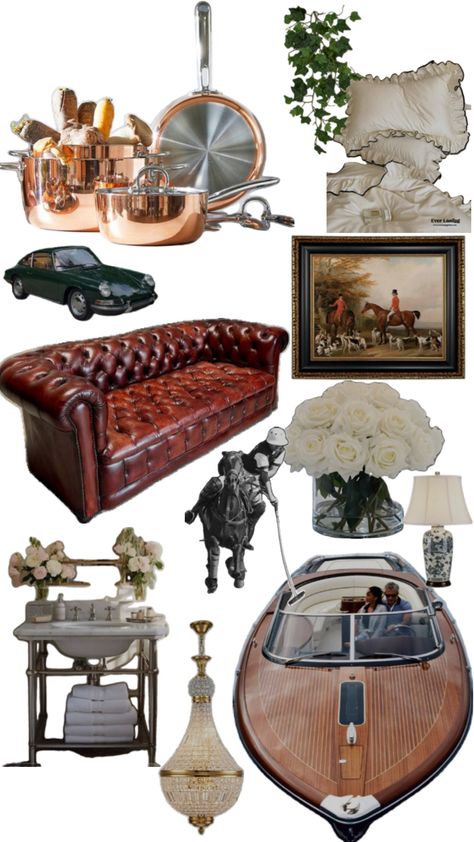 Old money home inspiration Old Money Home Aesthetic, Old Money Interior, Old Money Home, Interior Collage, The Old Money Aesthetic, Old Money House, Riva Boat, Aesthetic Interior Design, Copper Pan