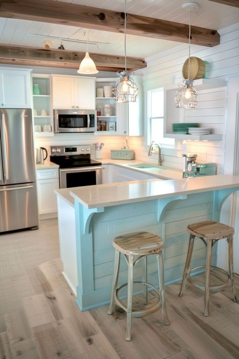 Unleash your inner decorator! 28 stunning beach cottage style u0026 decor ideas to create your dream getaway. Small Beach House Interior, Beach Cottage Style Decor, Beach Cottage Kitchens, Beach Cottage Kitchen, Beach Cottage Ideas, Tiny Beach House, Cottage Makeover, Small Beach Houses, Coastal Kitchen Decor