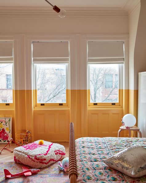 Yellow is the ultimate mood-lifter! We love a two-toned paint moment to add interest and character to a room. Why choose one color when you can have two? 🟨 #TwoTonedWalls #ColorfulInteriors #Paintcolor #WallInspo #DesignDetails #NashvilleInteriors #Colofulroom #yellowkidsroom #yellowandpinkroom #yellowbedroom #yellowandwhitebedroom #yellowpaint Dayroom Yellow, Two Tone Walls, Yellow Ceiling, Mood Lifters, Yellow Wall, Yellow Bedroom, Yellow Walls, Yellow Painting, Carriage House