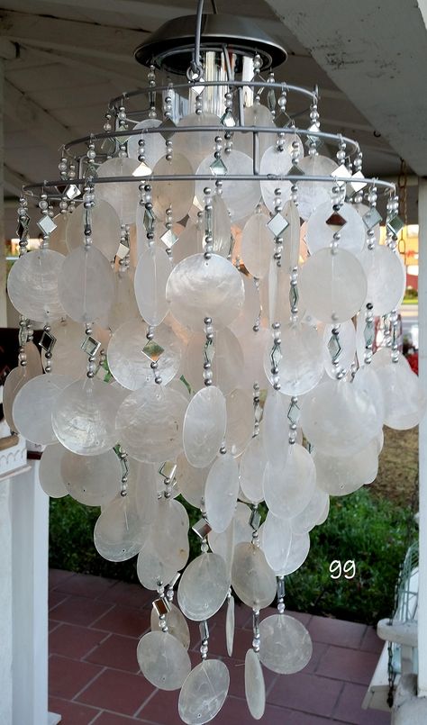 SOLAR CAPIZ SHELL WINDCHIMES/CHANDELIER WHITE CAPIZ CHIMES WITH SOLAR LIGHT Shell Windchimes, Canning Jar Lights, Shell Lights, Seashell Chandelier, Capiz Shell Chandelier, Mason Jar Light Fixture, Solar Light Crafts, Chandelier White, Shell Chandelier