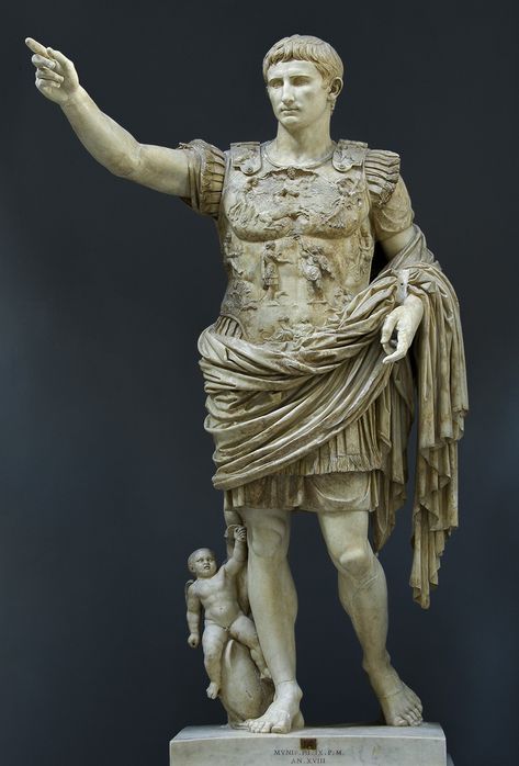 Statue of August from Prima Porta. Marble. Ca. 20—17 BCE. Rome, Vatican Museums, Chiaramonti Museum, New wing, 14. Photo by Sergey Sosnovskiy. Imperiul Roman, Emperor Augustus, Mark Antony, Istoria Artei, 19 August, Roman Statue, Rome Antique, Empire Romain, Roman Sculpture