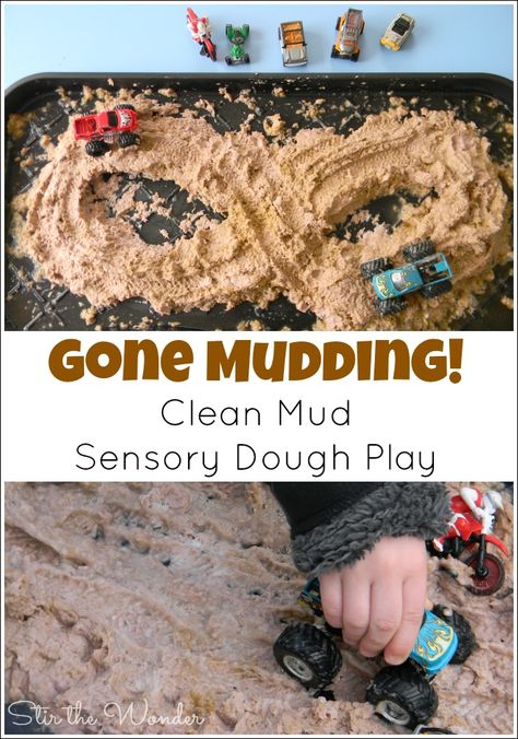 Gone Mudding! Clean Mud Sensory Play | Stir the Wonder Car Sensory Play, Cars Sensory Bin, Transport Sensory Play, Car Sensory Bin, Mud Sensory Bin, Birthday Board Preschool, Mud Sensory Play, Preschool Sensory Play, Curriculum Kindergarten