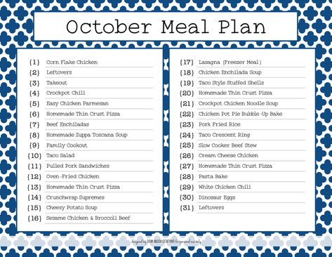 October Meal Plan, Monthly Meals, Dinner Menu Planning, Monthly Meal Plan, Food Prepping, Chicken Noodle Soup Crock Pot, Chicken Freezer Meals, Monthly Menu, Meal Planning Menus