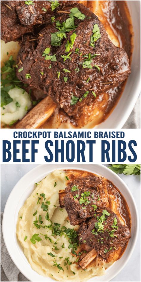 This Slow Cooker Balsamic Braised Beef Short Ribs recipe has tender fall-off-the-bone beef that's been braised in a balsamic vinegar, tomato, date, garlic and herb sauce. It's a rich and comforting dinner that's low-carb, paleo and so easy to make! #paleorecipe #beefrecipes #dinnerideas #crockpotdinner #slowcookermeal #shortribes #lowcarbrecipes #braisedbeefshortribs Easy Short Ribs Recipe, Easy Short Ribs, Braising Ribs Recipe, Short Rib Recipes Crockpot, Garlic And Herb Sauce, Braised Beef Short Ribs Recipe, Slow Cooker Ribs Recipe, Beef Short Ribs Recipe, Braised Beef Short Ribs