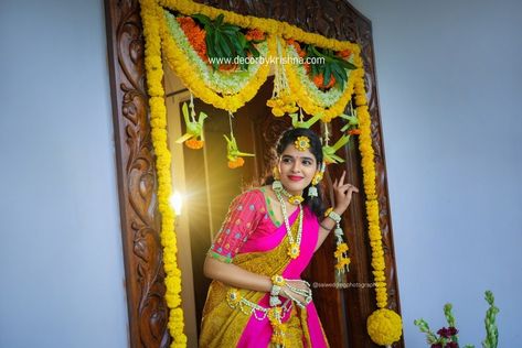 Housewarming Maindoor decorations Saree Function, House Warming Ceremony, Housewarming Decorations, Indian Wedding Photography Couples, Telugu Wedding, Beautiful Wedding Decorations, Wedding Mandap, Wedding Design Decoration, Wedding Entrance