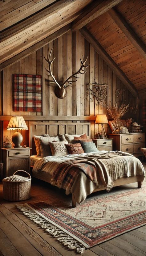 Cabin Feature Wall, Chalet Bedroom Ideas, Log Cabin Bedroom Decor, Cabin Bedroom Ideas Rustic, Small Cabin Bedroom Ideas, Hunting Cottage, Mountain Cabin Bedroom, Cabin Interiors Cozy, Cute Bedroom Decor Ideas