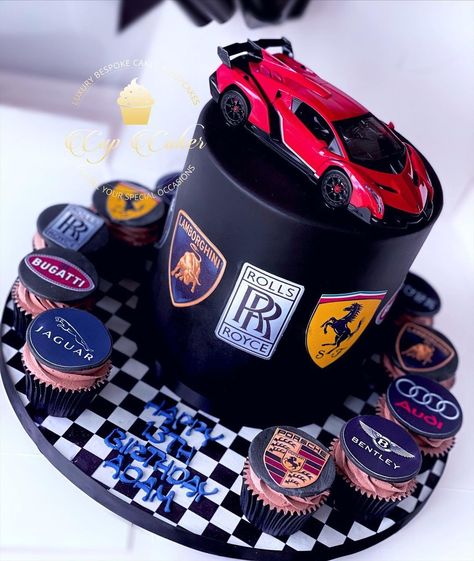 Mens Car Themed Birthday Party, Car Cupcakes For Men, Car Themed Birthday Cake For Men, Lamborghini Themed Birthday Party, Car Cake Designs For Men, Ferrari Cupcakes, Lamborghini Cakes For Boys, Car Theme Cake For Men, Lamborghini Car Cake