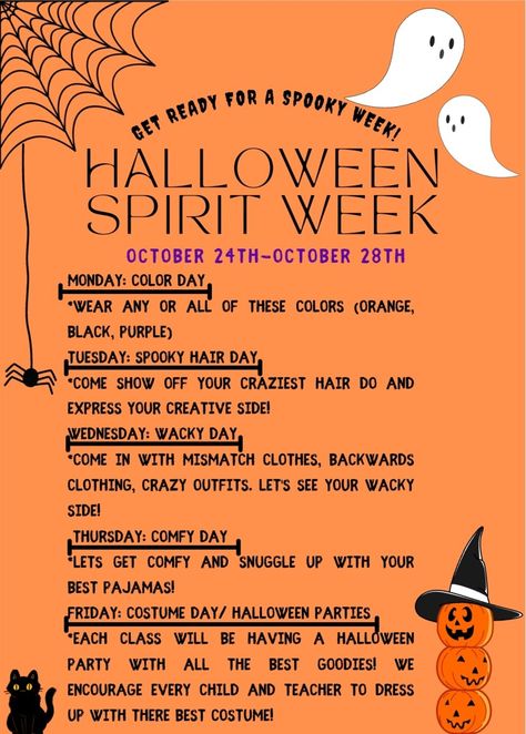 Preschool Halloween Spirit Week, Halloween Spirit Days For School, Halloween Day At School, Halloween Dress Up Days For School, Circus Spirit Day, Fall Work Event Ideas, Weekday Themes Ideas, Halloween Theme Week Ideas, Wacky Wednesday Spirit Week