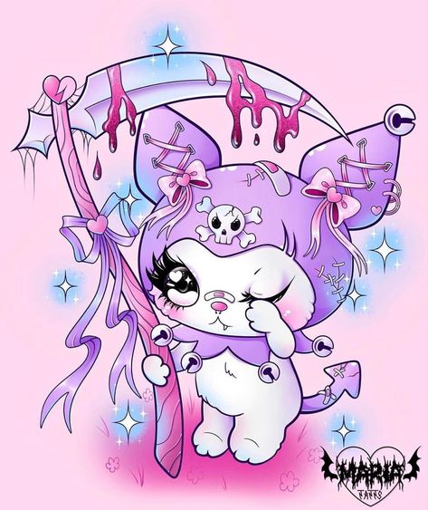 Pastel Goth Cartoon, Pink Grim Reaper, Pastel Gore Art, Goth Kawaii Art, Kuromi Art, Kuromi Human, Creepy Kawaii, Gothic Drawings, Dark Kawaii