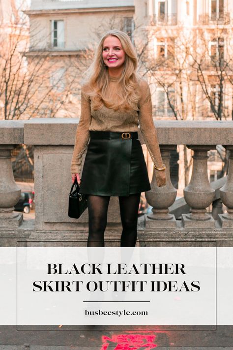 Elevate your style with 10 Black Leather Skirt Outfit Ideas for a fierce Fall & Winter wardrobe! Whether it's for the office, a night out, or casual everyday wear, these outfit inspirations make leather a must-have. Step into the edgy side and embrace the sexiness and uniqueness of leather fashion. #LeatherSkirtStyle #FallFashionInspo #EdgyElegance Leather And Sweater Outfit, Faux Leather Mini Skirt Outfit Winter, Black Leather Skirts Mini Outfit, Fall Black Leather Skirt Outfit, Leather Skirt Date Night Outfit, Leather Skirt Outfits Winter, Leather Mini Skirt Outfit Casual, Outfit With Black Leather Skirt, Shoes To Wear With Leather Skirt