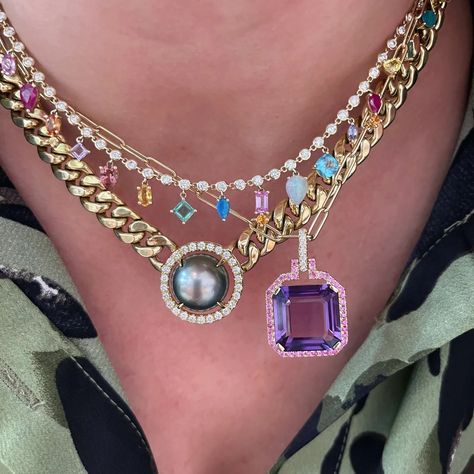 Diamond & Gemstone Drop Shaker Necklace – Milestones by Ashleigh Bergman Maximalist Jewelry, Cuban Link Necklace, Colorful Stones, Big Jewelry, Rainbow Gemstones, Stacked Necklaces, Diamond Frame, Clasp Necklace, Breathtaking Beauty