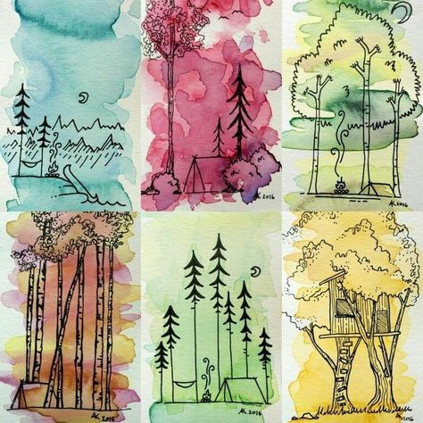 Watercolor Art Postcards, Doodles Over Watercolor, Outline Watercolor Painting, Watercolor And Ink Doodles, Doodles And Watercolor, Drawing Over Watercolor, Watercolour Gift Ideas, Watercolor Line Drawing, Watercolour Postcard Ideas