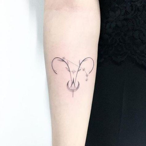 Vine Aries glyph and constellation with moon tattoo Aries Glyph Tattoo, Aries Hand Tattoos For Women, Feminine Aries Tattoo, Aries Glyph, Aries Inspired Tattoo, Aries Tattoo Designs, Aries Zodiac Tattoos, Aries Tattoos, Aries Constellation Tattoo