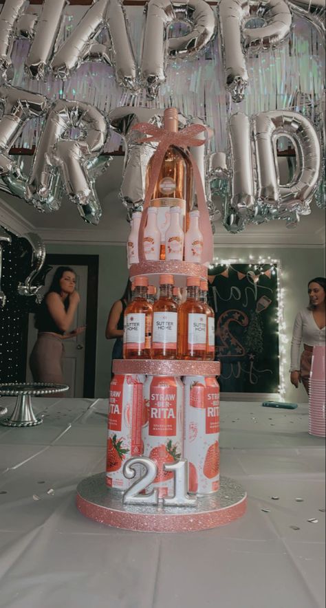 Pink alcohol tower for 21st Birthday 21st Birthday Ideas Best Friend, 21st Birthday Ideas Suprise, 21st Birthday Ideas Champagne, Cute 21st Birthday Themes, 21st Birthday Gifts Ideas For Her, 21st Baddie Birthday Ideas, 21st Birthday Office Decorations, 21st Gifts For Her, Besties 21st Birthday Gift