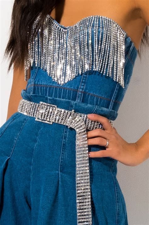 Denim And Bling Outfit Ideas at Conniebittle Fringe Top Outfit, Diamonds And Denim Party, Performance Clothes, Denim Fits, Denim Party, Denim Bustier, Denim And Diamonds, Rhinestone Fringe, Flowy Tank Tops