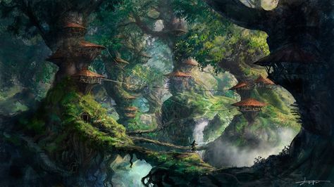 Fantasy art of Jungle City Forest Village, Forest City, Tree Artwork, Fantasy Forest, Wallpaper Tumblr, Fantasy City, Plant Painting, Fantasy Setting, Fantasy Places