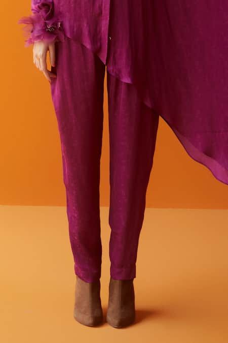 Buy Purple Textured Satin Modal Asymmetric Draped Shirt And Pant Set For Women by Sakshi Khetterpal Online at Aza Fashions. Draped Shirt, Shirt Pant Set, Indo Western, Pant Set, Shirt And Pants, Set For Women, Aza Fashion, Pants Set, Satin