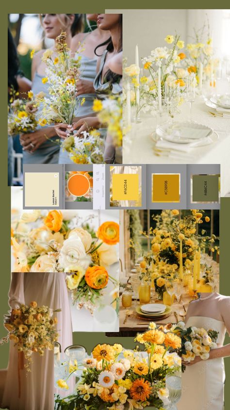 Yellow And Orange Wedding Decor, Yellow Color Wedding Theme, Yellow Theme Wedding Decorations, Pale Yellow And Sage Green Wedding Theme, Yellow Orange Wedding Theme, Butter Yellow Wedding Theme, Wedding Colors With Yellow, Wedding Table Decorations Pastel, Pale Yellow Wedding Theme