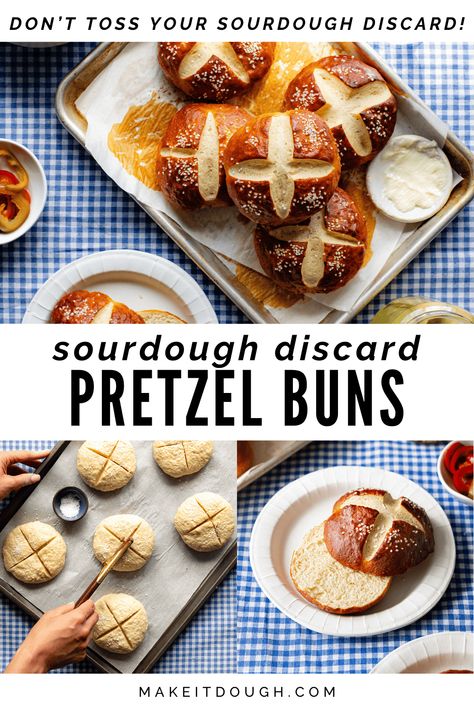 Sourdough Discard Pretzel Buns Recipe Sourdough Discard Pretzel Buns, Sourdough Discard Sub Rolls, Wheat Sourdough Discard Recipes, Sourdough Recipes Quick, Sourdough Pretzel Buns, Freezer Sourdough Recipes, Sourdough Recipes Dinner, Sourdough Hard Pretzel Recipe, Sourdough Meals