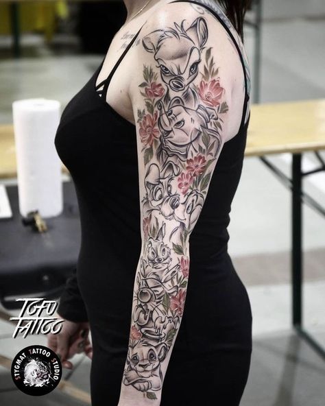 Disney Sleeve Tattoo For Women, Disney Mandala Tattoo, Tofu Tattoo, Disney Tattoo Sleeves For Women, Disney Sleeve Tattoo, Disney Thigh Tattoo, Disney Characters Tattoos, Dumbo Tattoo, Best Female Tattoos