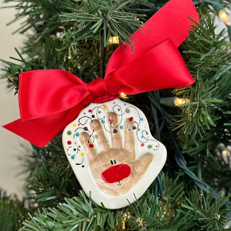 Reindeer Clay Ornament – Prints & Clay Homemade Ornaments Kids Handprint, Hand Print Christmas Decorations, Toddler Clay Ornaments, Christmas Gift For Toddlers To Make, Reindeer Ornaments Handprint, Homemade Hand Print Ornaments, Hand Print Clay Ornaments, Baby Hand Ornament, Kid Clay Christmas Ornaments