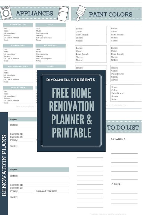 Get the free home renovation planner and printable to help you keep track of appliance information, paint colors, renovation plans, and more! Available on diydanielle.com. Home Reno Project Planner, Home Renovation Budget Template, Whole House Renovation Checklist, Kitchen Remodel Checklist Free Printable, Home Renovation Planner Free Printable, House Renovation Planner, Home Building Planner, Home Renovation Checklist Free Printable, House Project Planner